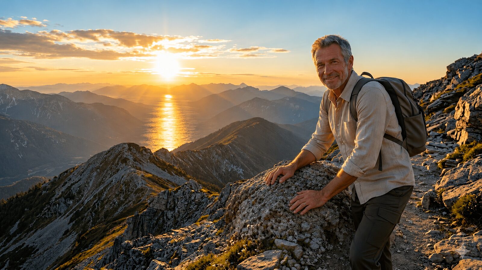 Senior man hiking at sunset